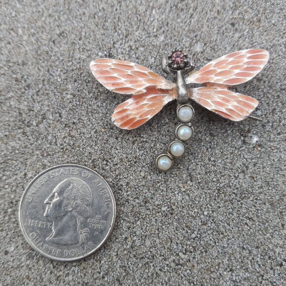 Gerard Yosca Brooch Figural Vintage Enamel Dragonfly in Silver, Orange + White - Picture 8 of 14